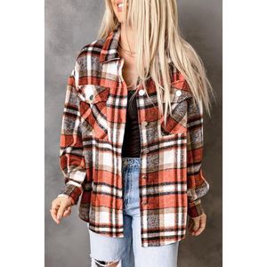 Azura Exchange  Orange Chest Pockets Flannel Plaid Shacket